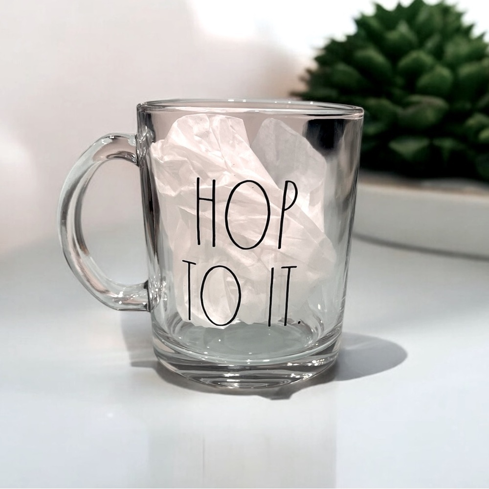 NEW RAE DUNN Clear HOP TO IT Mug Easter Anytime Large Coffee Decor Tea Glass